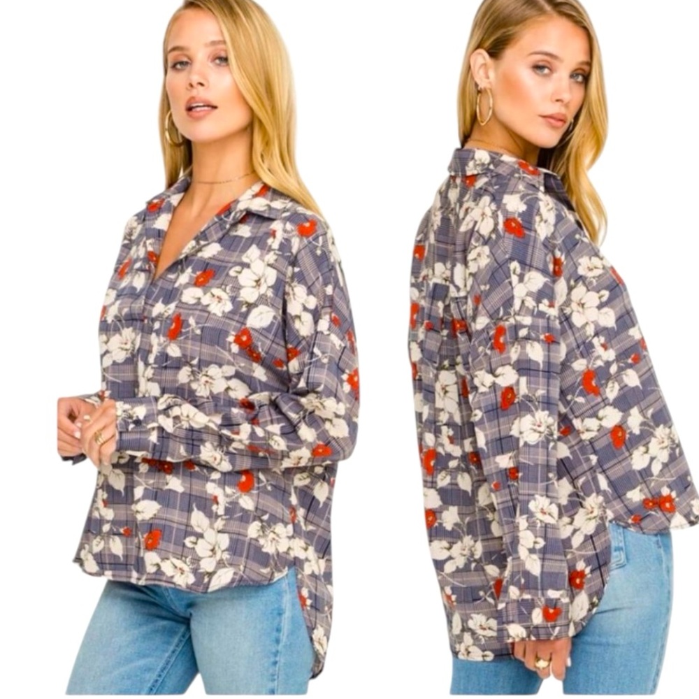 🆕 Lush - Plaid and Floral Long Sleeve Blouse